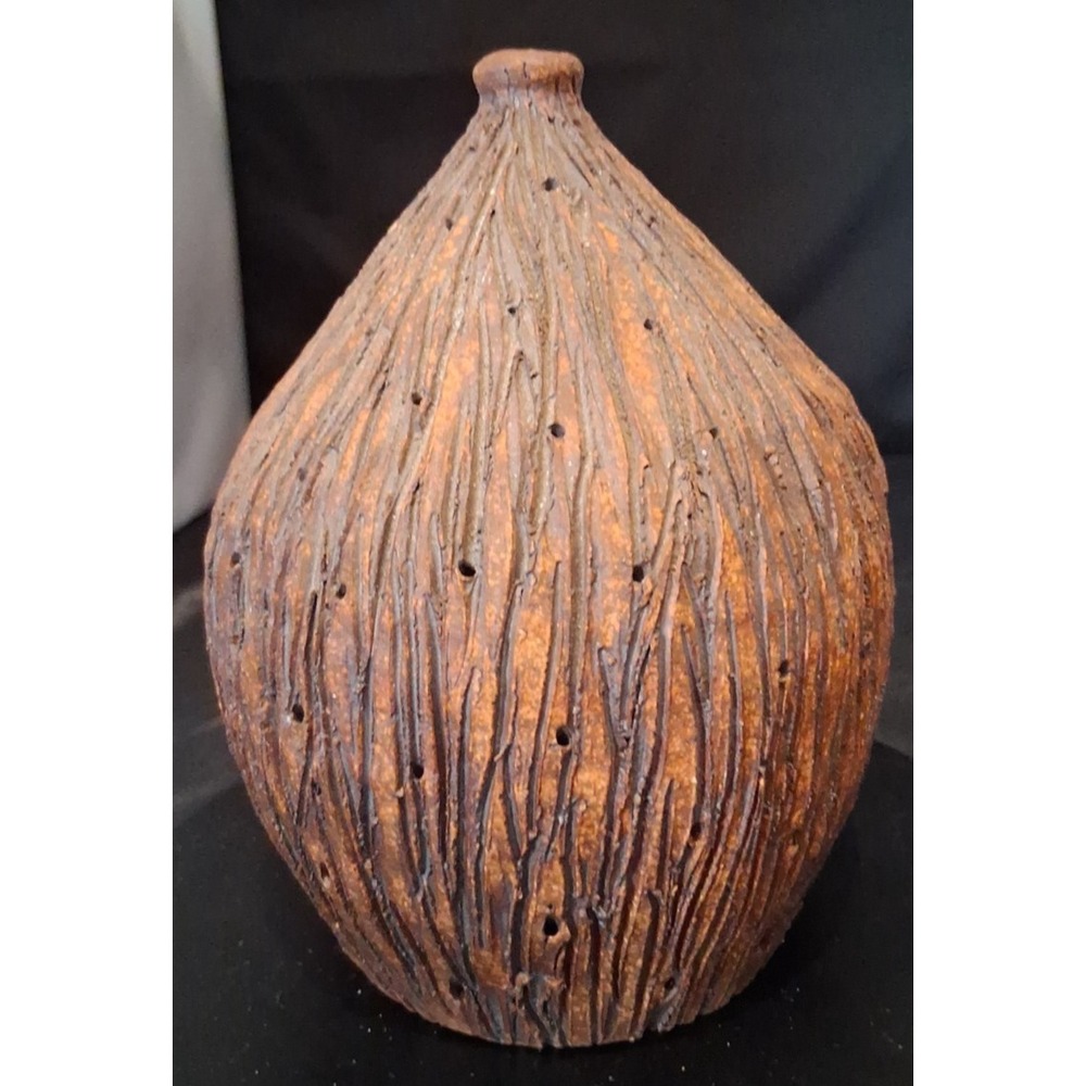 Vintage Terracotta Bulb Vase, Hand-crafted Pottery with Calder Signature.